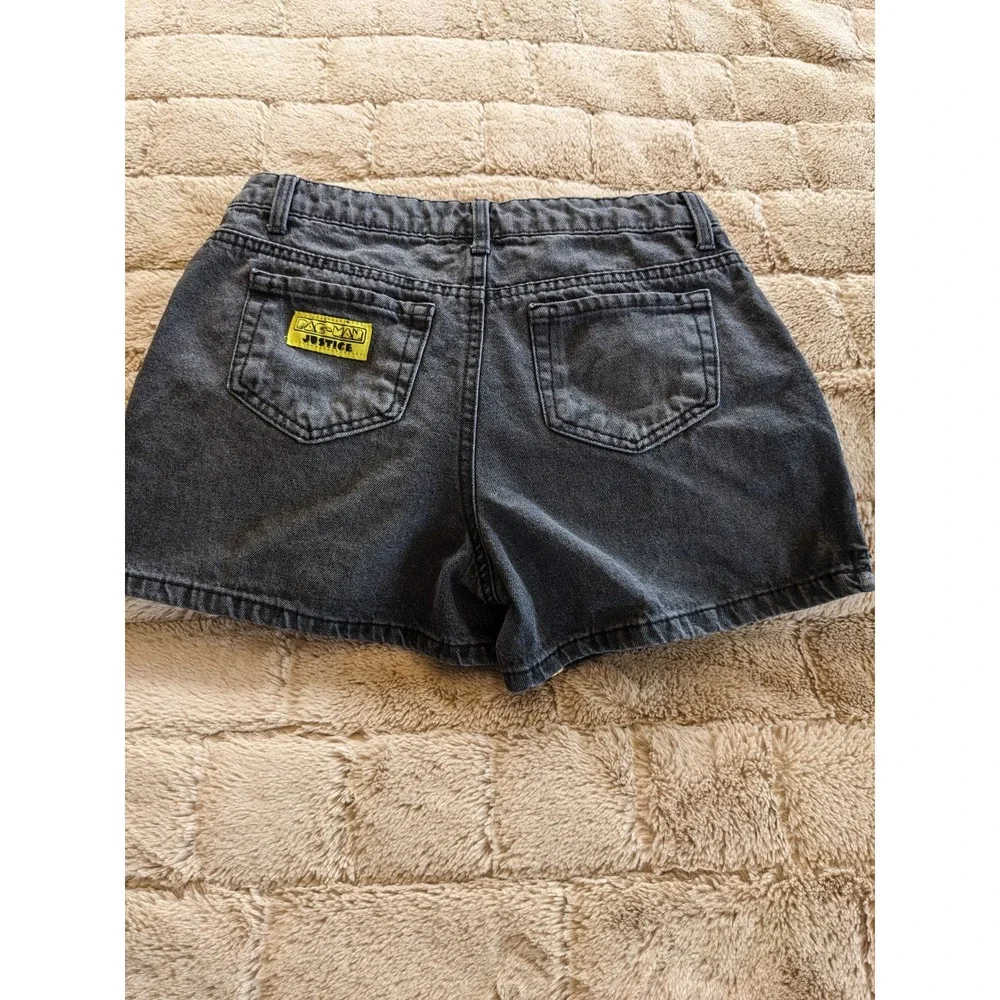 Justice Pac-Man Girls Denim Shorts Black Rhinestone PolkaDot Retro Gaming Size14